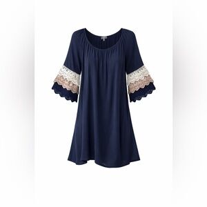 Flowy Off Shoulder Boho Navy Minidress Crochet Bell Sleeves Shower Gender Reveal